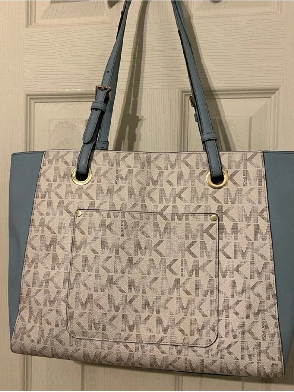 Michael Kors Blue Trim Signature MK Tote with Gold Hardware